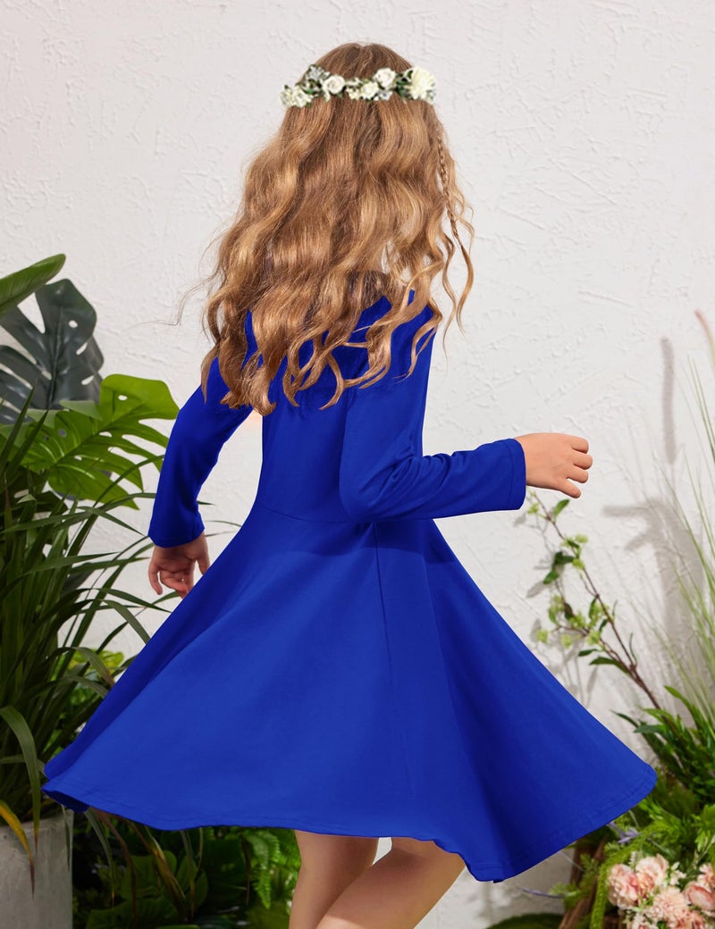 Arshiner Girls Long Sleeve Stretchy Dress A line Twirly Skater School Party Dress Royal Blue Tween 12 Years - Image 2